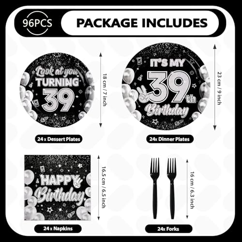 96 Pcs Black White 39th Birthday Party Plates and Napkins - Grencian
