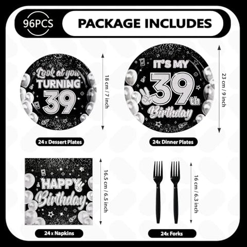 96 Pcs Black White 39th Birthday Party Plates and Napkins - Grencian