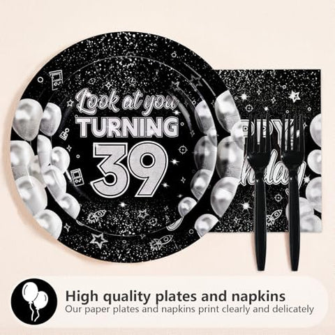 96 Pcs Black White 39th Birthday Party Plates and Napkins - Grencian