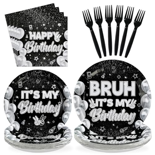 96 Pcs Black White Birthday Party Plates and Napkins - Grencian