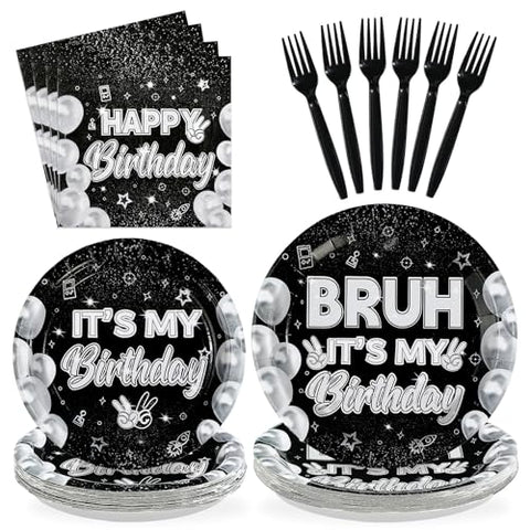 96 Pcs Black White Birthday Party Plates and Napkins - Grencian