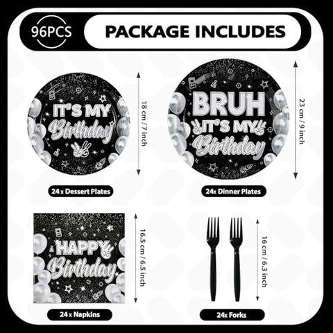 96 Pcs Black White Birthday Party Plates and Napkins - Grencian