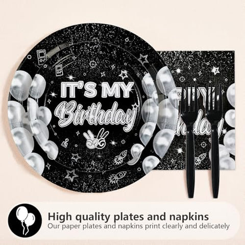 96 Pcs Black White Birthday Party Plates and Napkins - Grencian