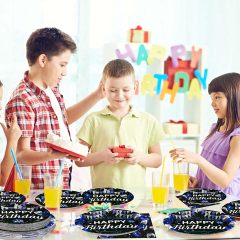 96 Pcs Black and Blue Birthday Party Plates and Napkins - Grencian