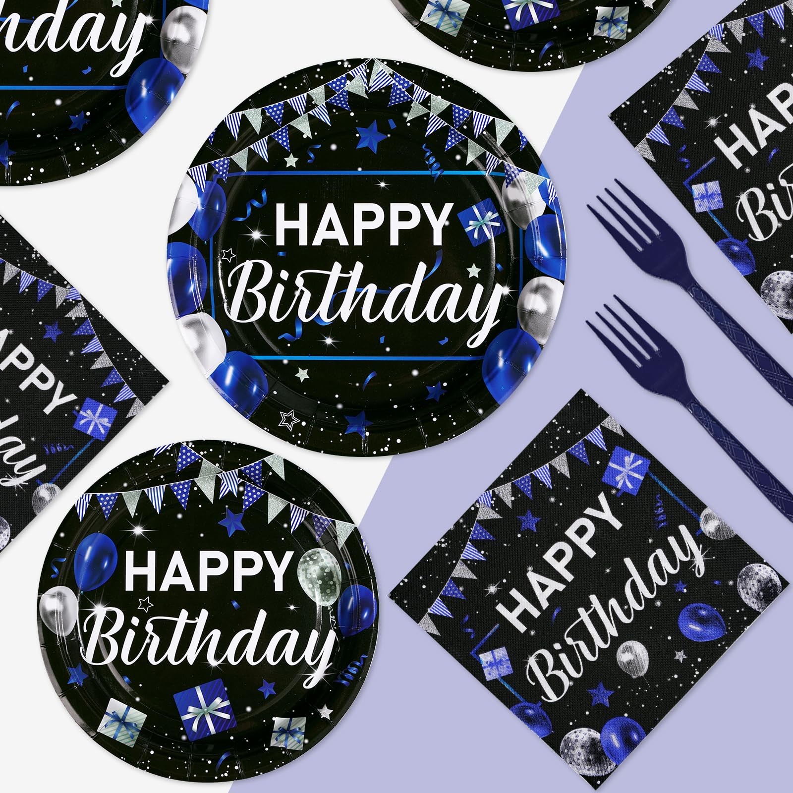 96 Pcs Black and Blue Birthday Party Plates and Napkins - Grencian