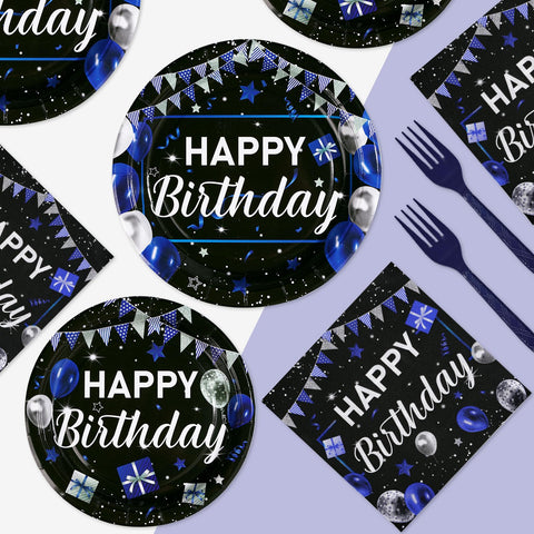 96 Pcs Black and Blue Birthday Party Plates and Napkins - Grencian