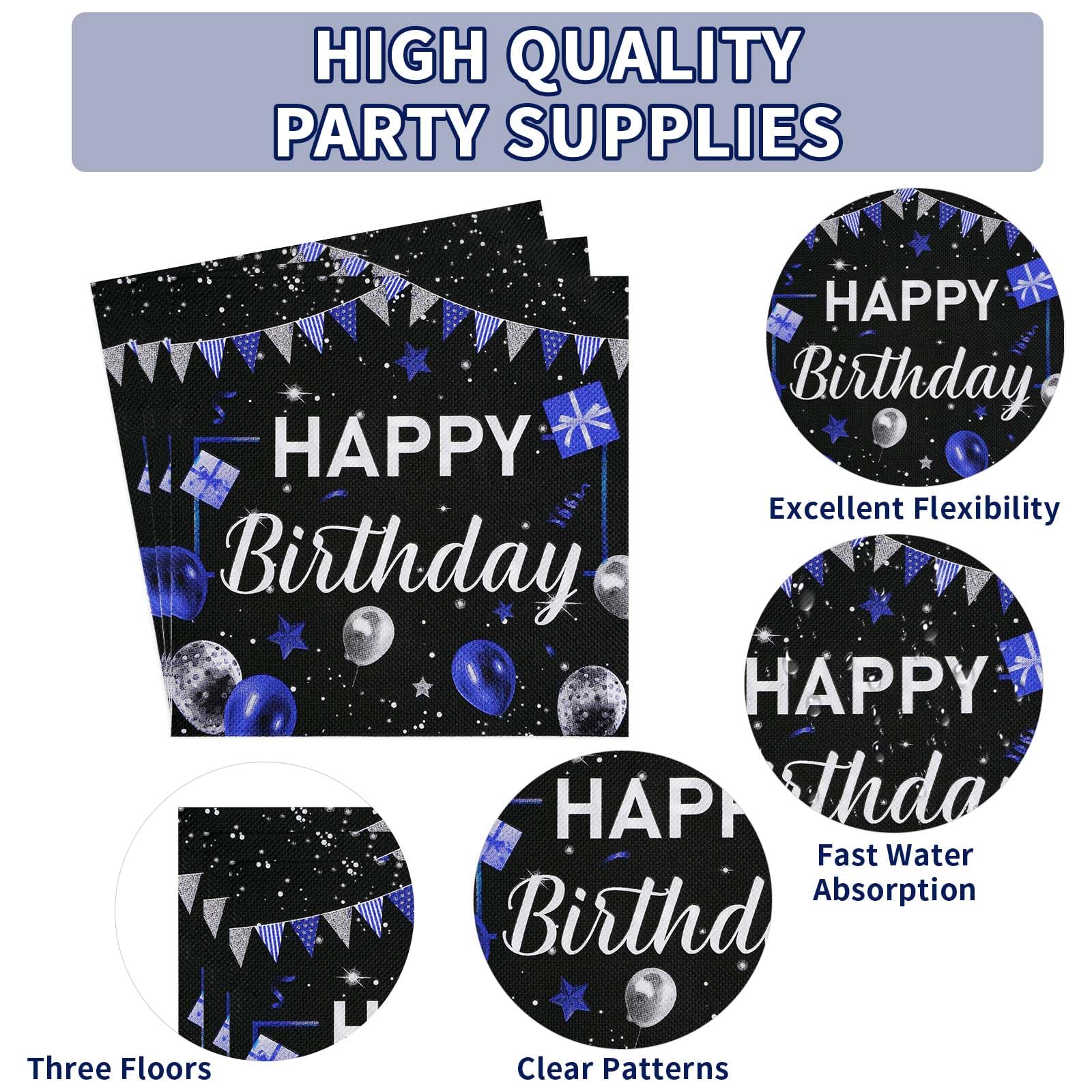 96 Pcs Black and Blue Birthday Party Plates and Napkins - Grencian