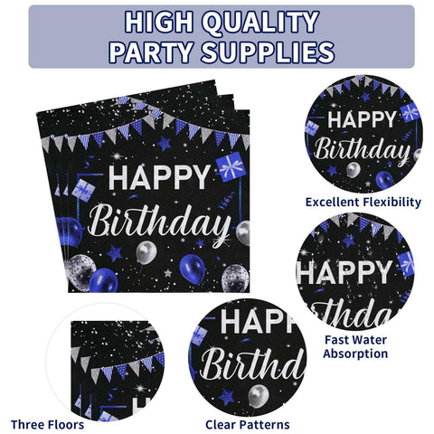 96 Pcs Black and Blue Birthday Party Plates and Napkins - Grencian
