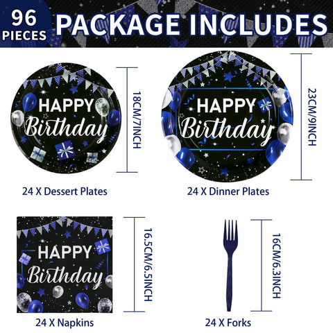 96 Pcs Black and Blue Birthday Party Plates and Napkins - Grencian