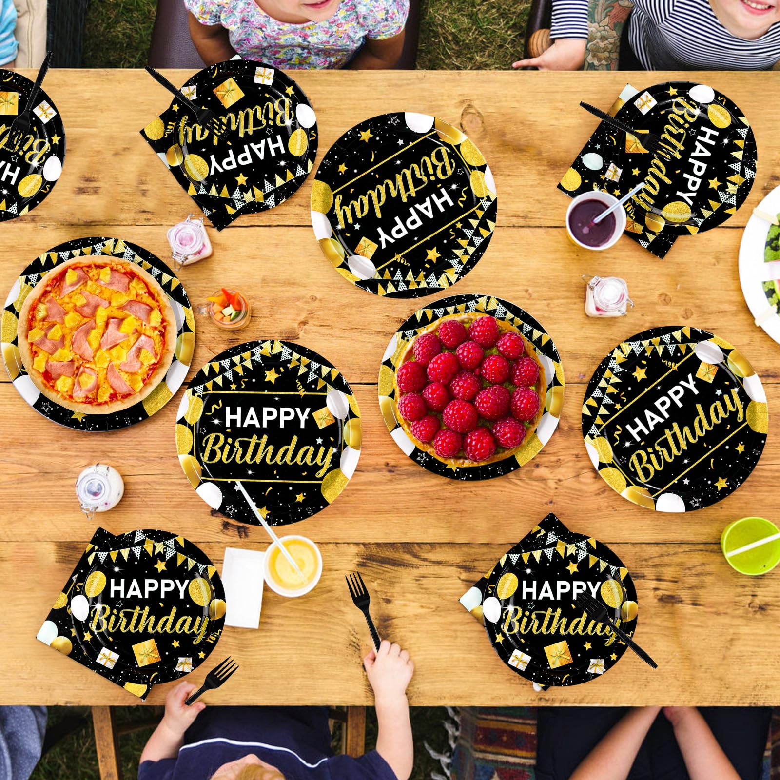 96 Pcs Black and Gold Birthday Party Plates and Napkins - Grencian
