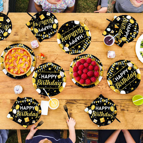 96 Pcs Black and Gold Birthday Party Plates and Napkins - Grencian