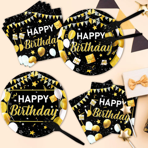96 Pcs Black and Gold Birthday Party Plates and Napkins - Grencian