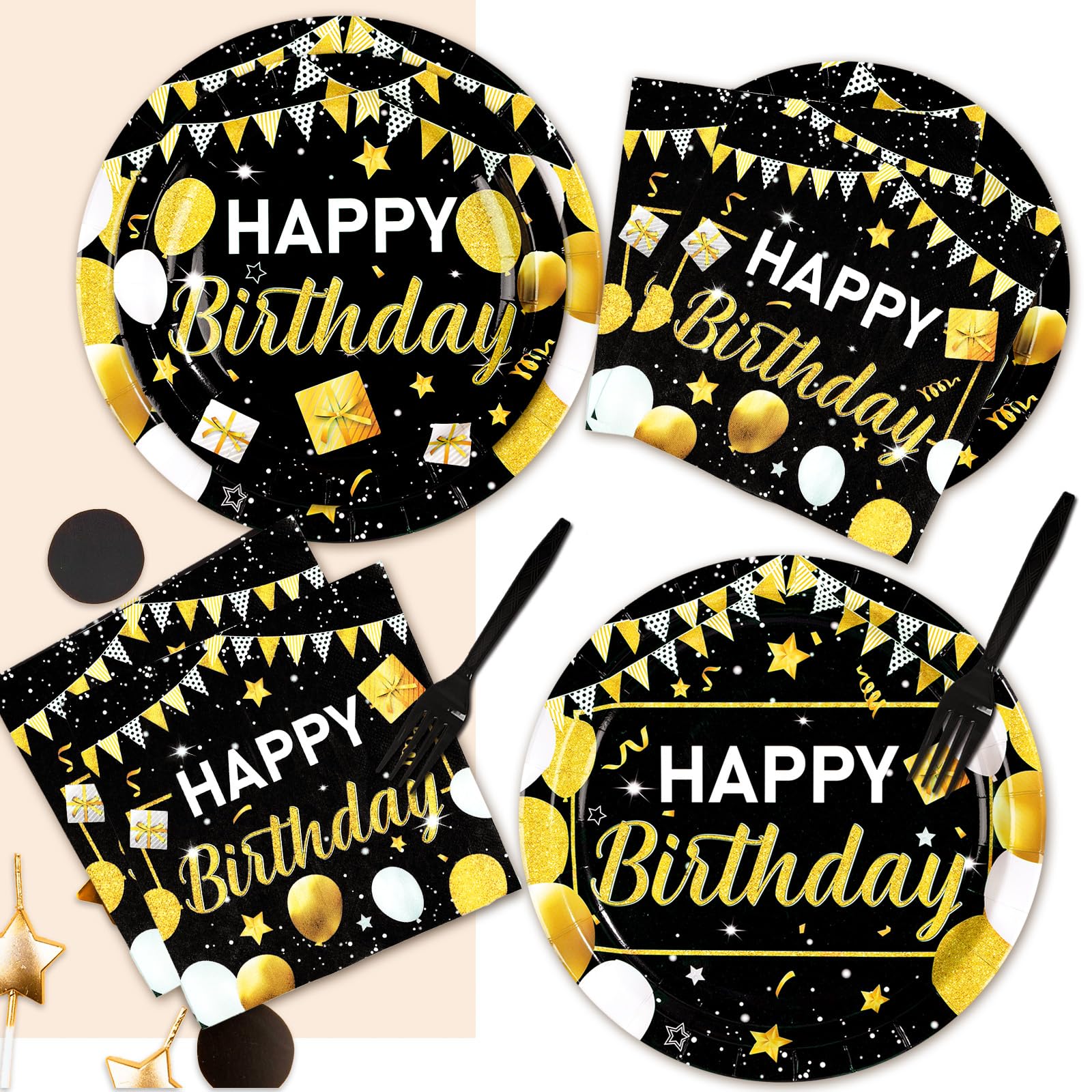 96 Pcs Black and Gold Birthday Party Plates and Napkins - Grencian