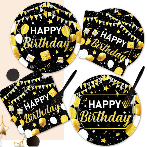 96 Pcs Black and Gold Birthday Party Plates and Napkins - Grencian