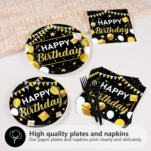 96 Pcs Black and Gold Birthday Party Plates and Napkins - Grencian