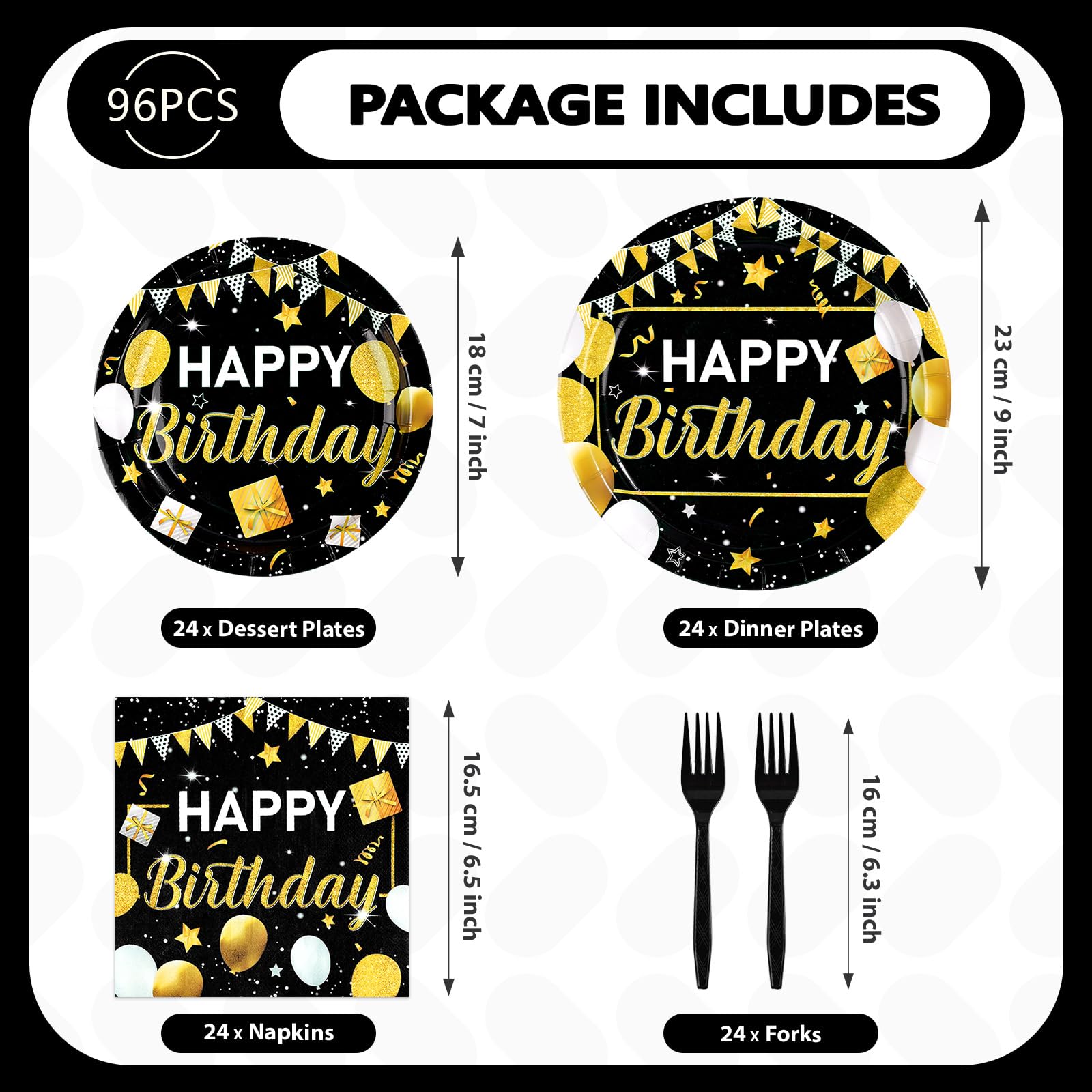 96 Pcs Black and Gold Birthday Party Plates and Napkins - Grencian