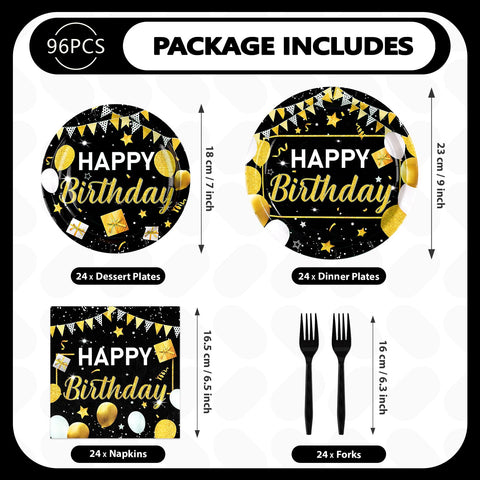 96 Pcs Black and Gold Birthday Party Plates and Napkins - Grencian