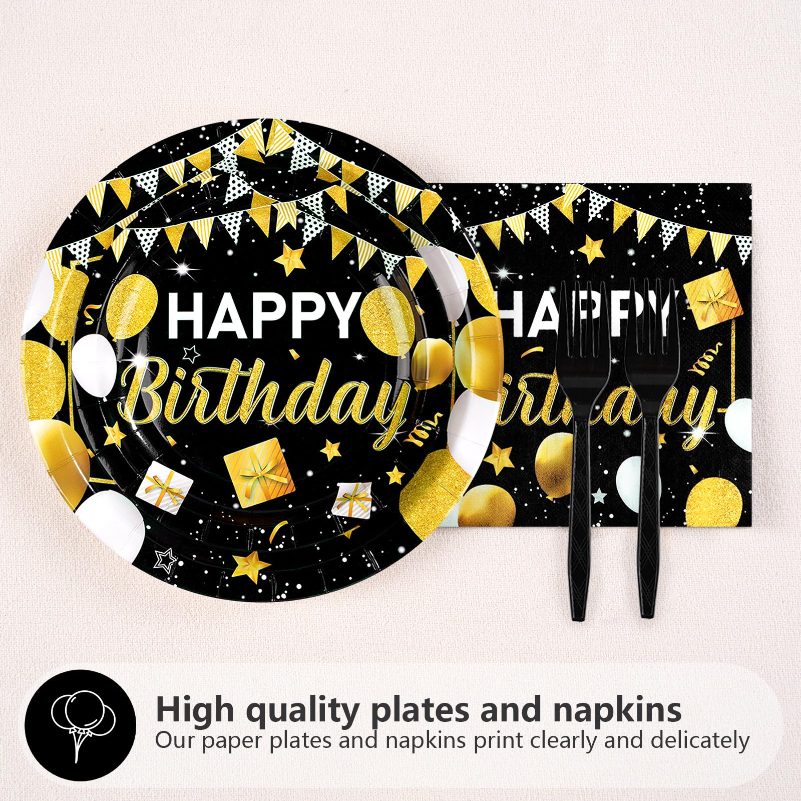 96 Pcs Black and Gold Birthday Party Plates and Napkins - Grencian