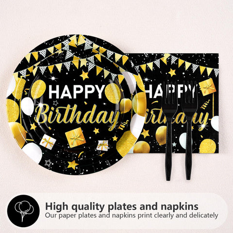 96 Pcs Black and Gold Birthday Party Plates and Napkins - Grencian