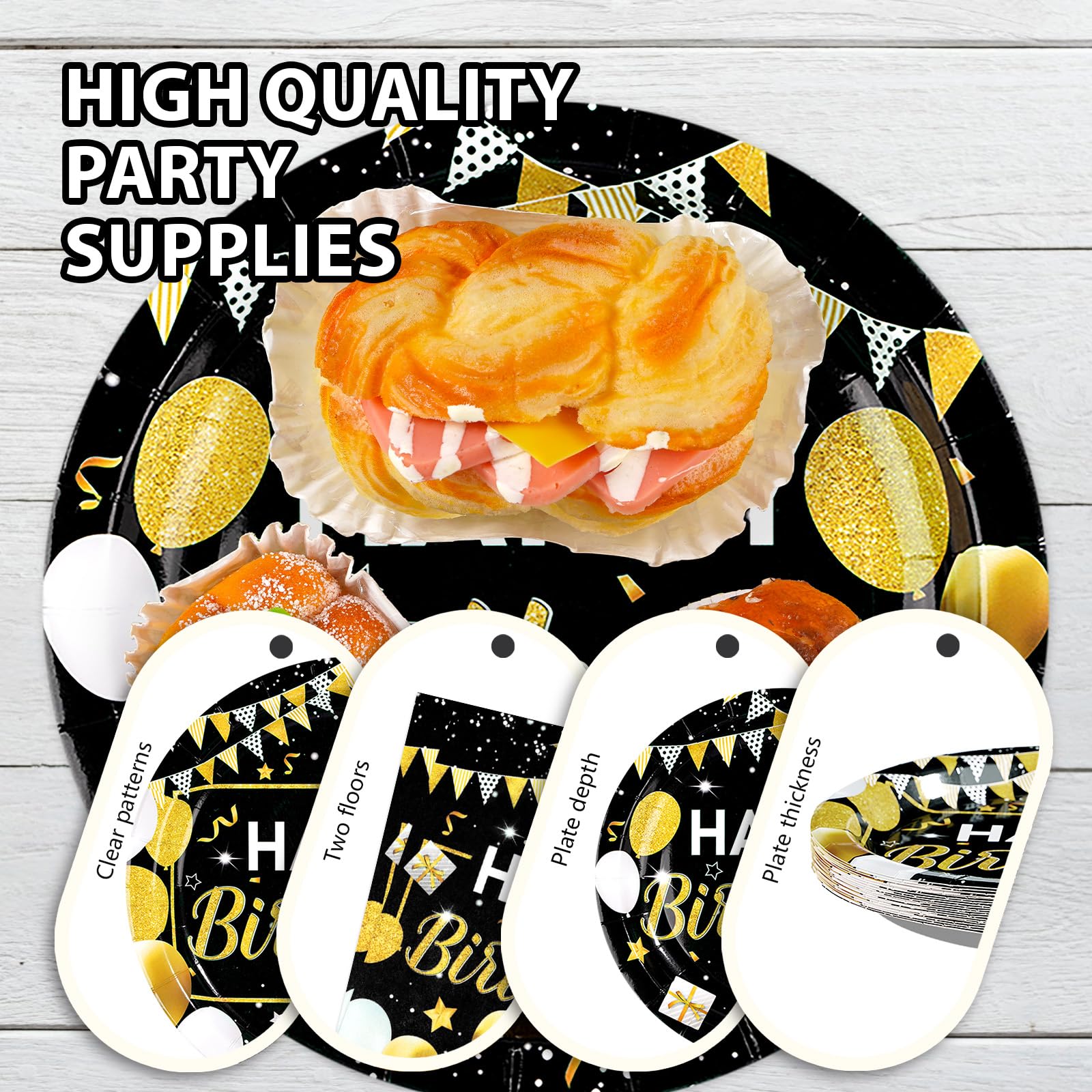 96 Pcs Black and Gold Birthday Party Plates and Napkins - Grencian