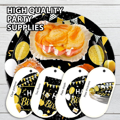 96 Pcs Black and Gold Birthday Party Plates and Napkins - Grencian