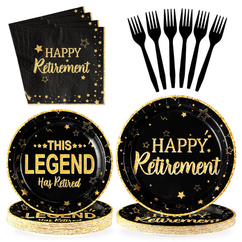 96 Pcs Black and Gold Retirement Party Plates and Napkins - Grencian