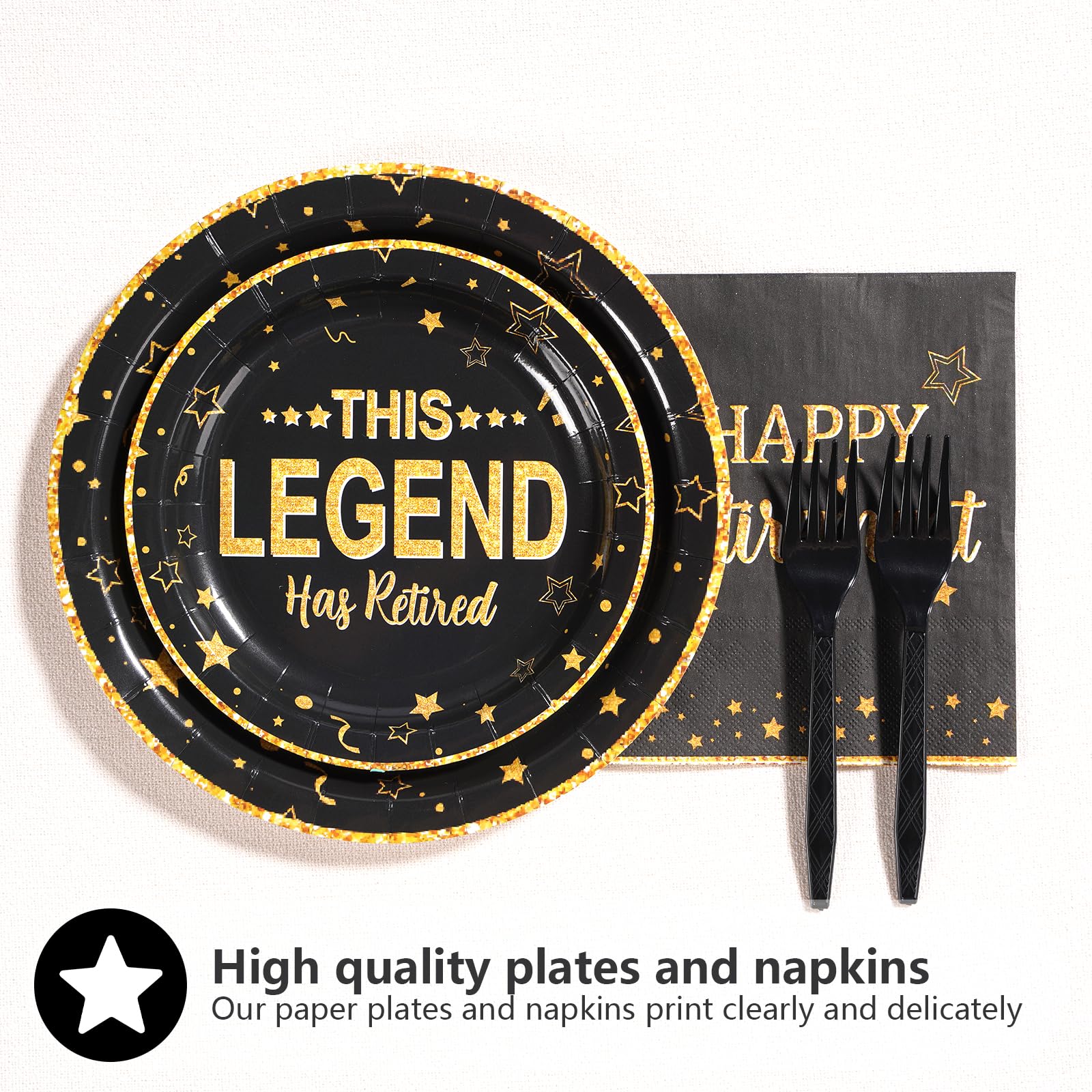 96 Pcs Black and Gold Retirement Party Plates and Napkins - Grencian