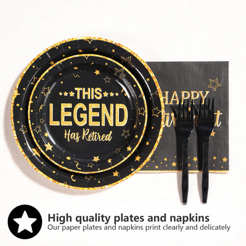 96 Pcs Black and Gold Retirement Party Plates and Napkins - Grencian