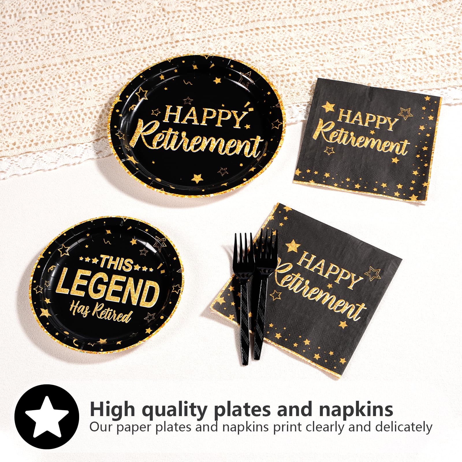 96 Pcs Black and Gold Retirement Party Plates and Napkins - Grencian