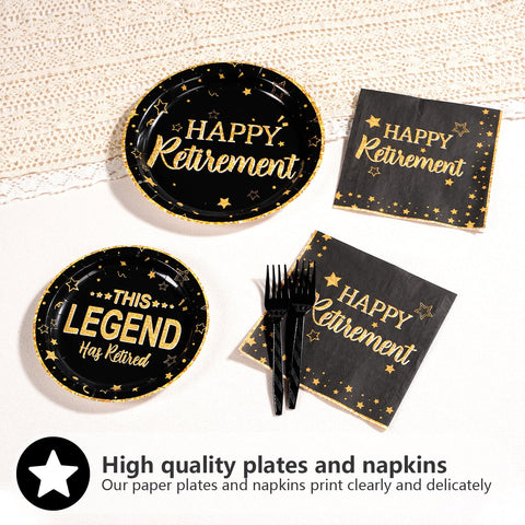 96 Pcs Black and Gold Retirement Party Plates and Napkins - Grencian
