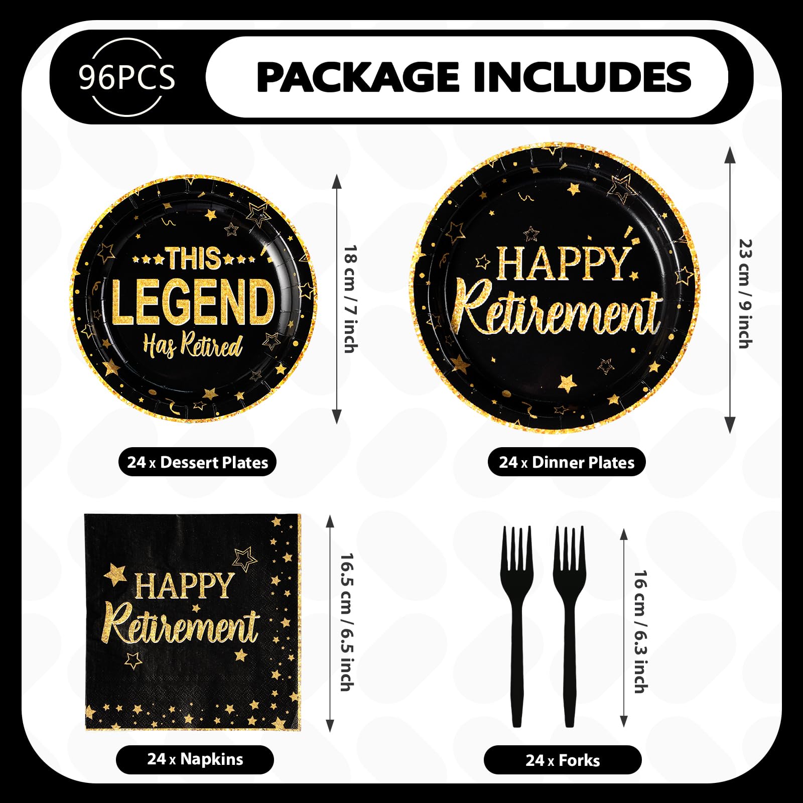 96 Pcs Black and Gold Retirement Party Plates and Napkins - Grencian