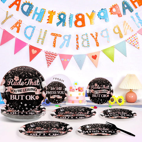 96 Pcs Black and Pink Retirement Party Plates and Napkins - Grencian