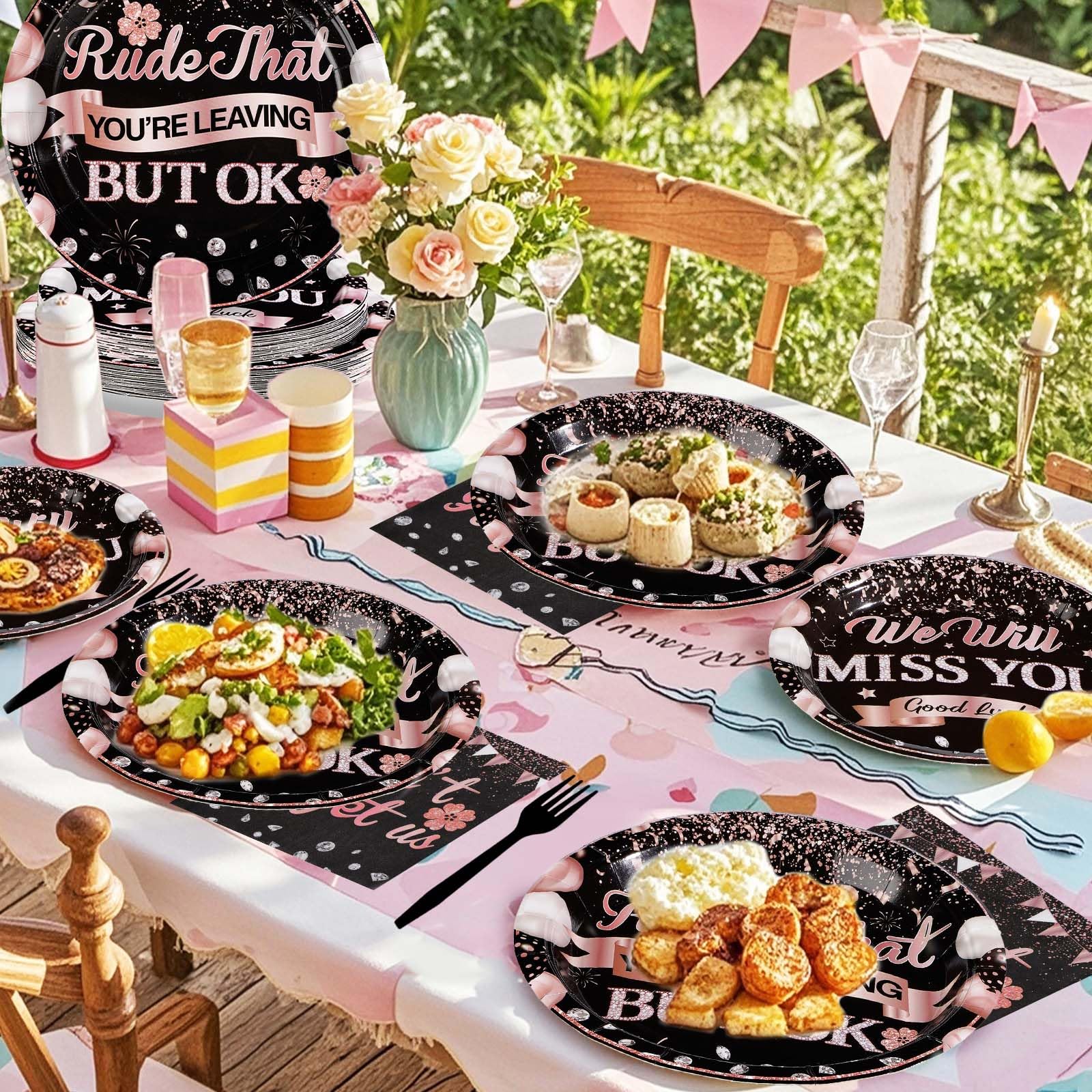 96 Pcs Black and Pink Retirement Party Plates and Napkins - Grencian