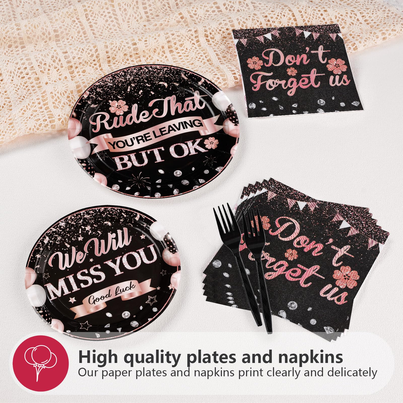 96 Pcs Black and Pink Retirement Party Plates and Napkins - Grencian