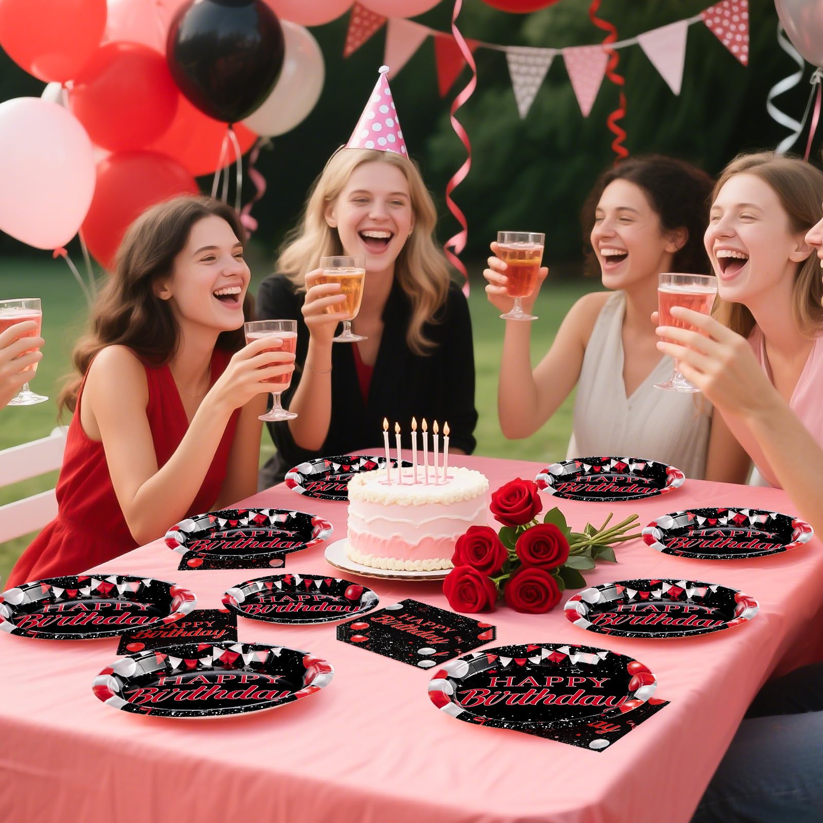 96 Pcs Black and Red Birthday Party Plates and Napkins - Grencian