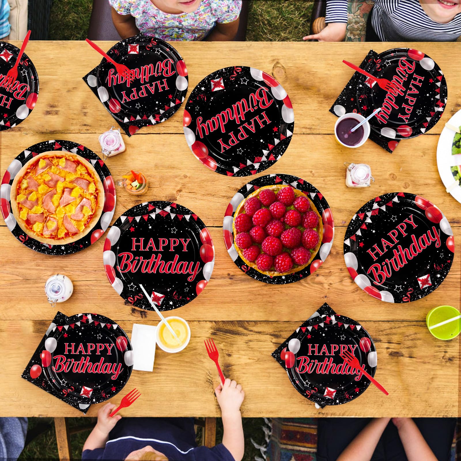 96 Pcs Black and Red Birthday Party Plates and Napkins - Grencian