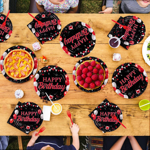 96 Pcs Black and Red Birthday Party Plates and Napkins - Grencian