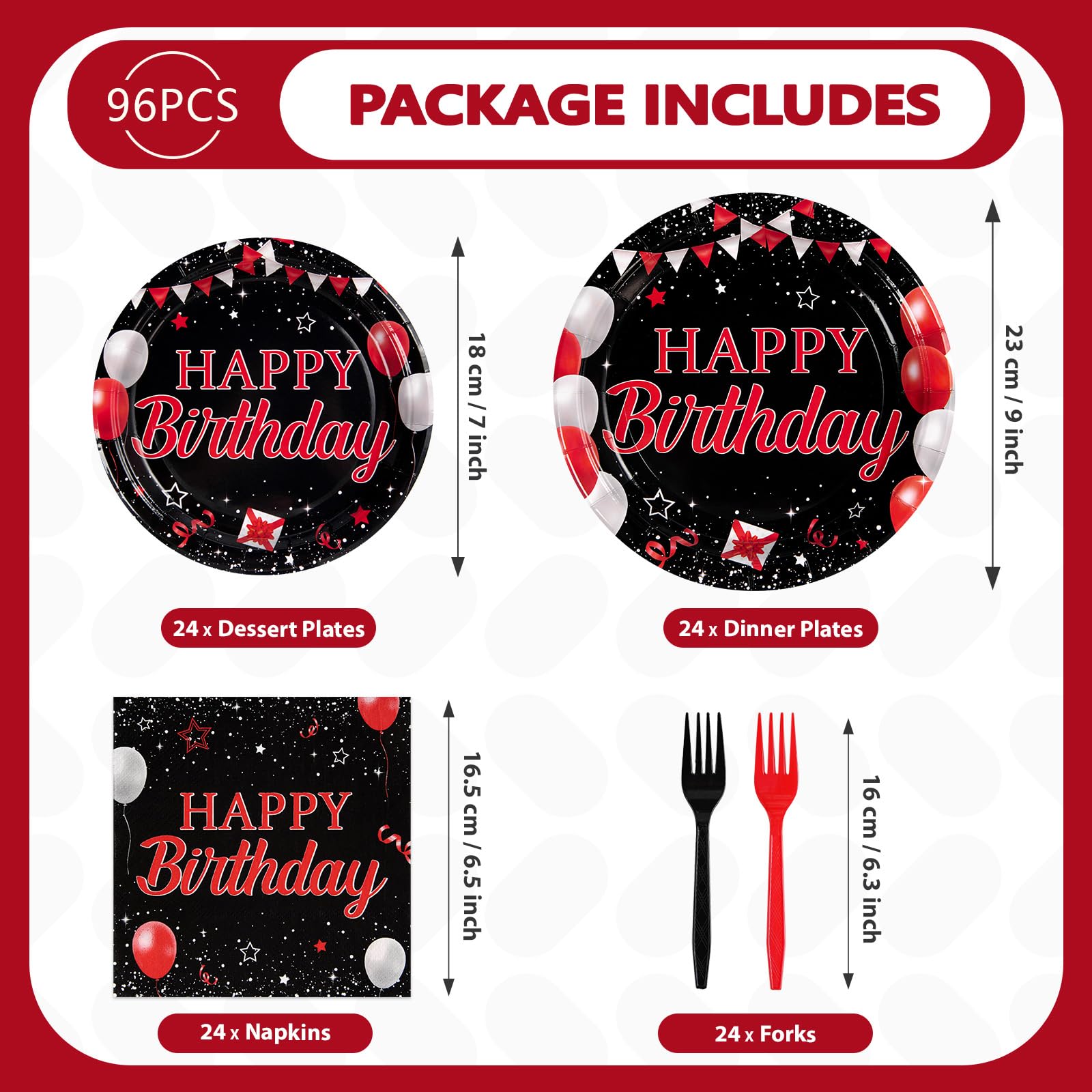 96 Pcs Black and Red Birthday Party Plates and Napkins - Grencian