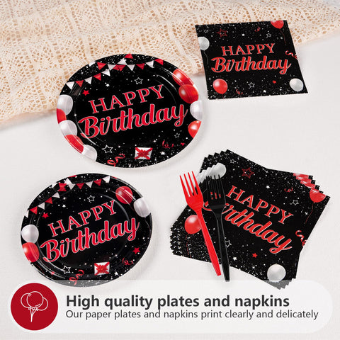 96 Pcs Black and Red Birthday Party Plates and Napkins - Grencian