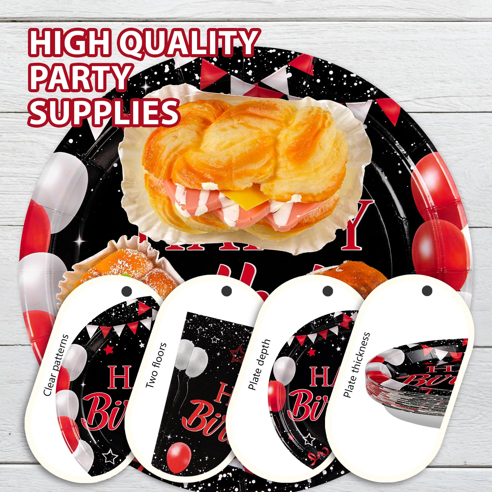 96 Pcs Black and Red Birthday Party Plates and Napkins - Grencian