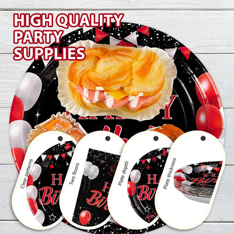 96 Pcs Black and Red Birthday Party Plates and Napkins - Grencian