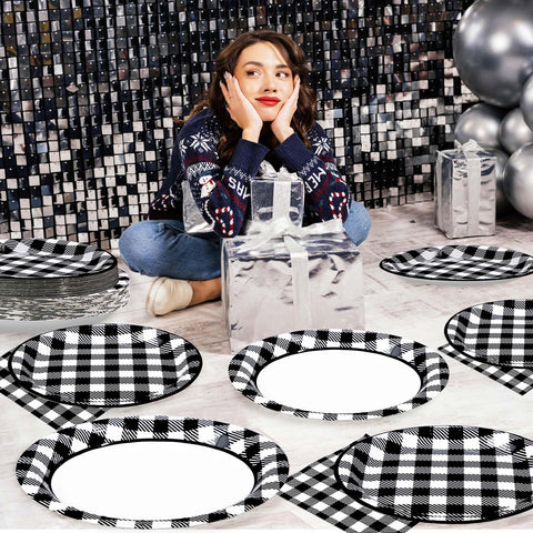 96 Pcs Black and White Gingham Party Plates and Napkins - Grencian