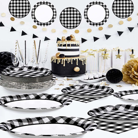 96 Pcs Black and White Gingham Party Plates and Napkins - Grencian