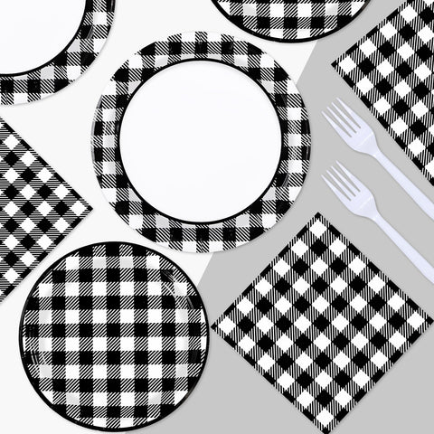 96 Pcs Black and White Gingham Party Plates and Napkins - Grencian
