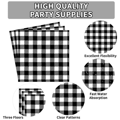 96 Pcs Black and White Gingham Party Plates and Napkins - Grencian