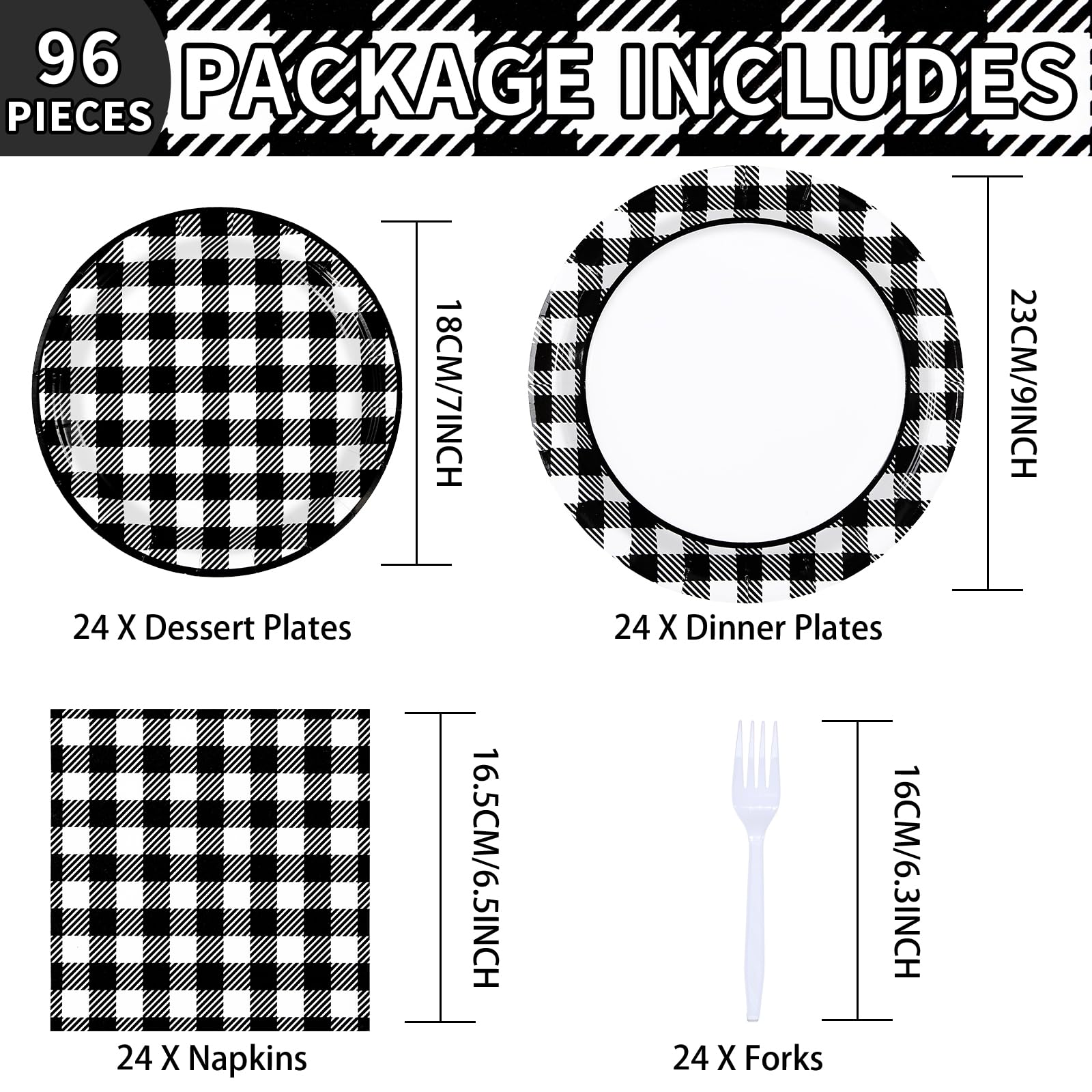 96 Pcs Black and White Gingham Party Plates and Napkins - Grencian
