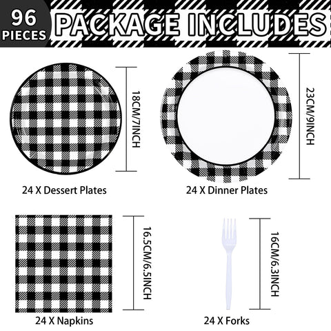 96 Pcs Black and White Gingham Party Plates and Napkins - Grencian
