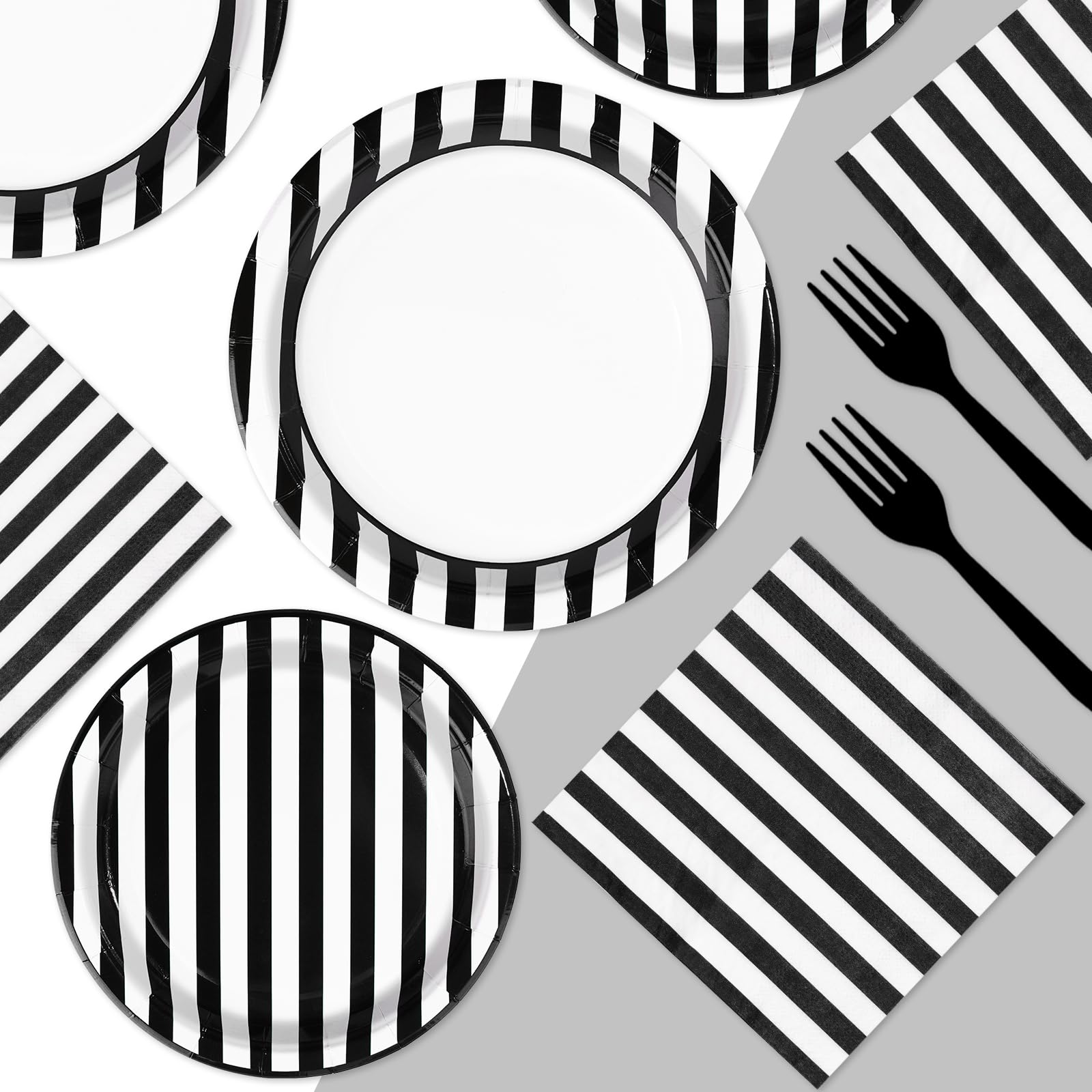 96 Pcs Black and White Striped Party Plates and Napkins - Grencian
