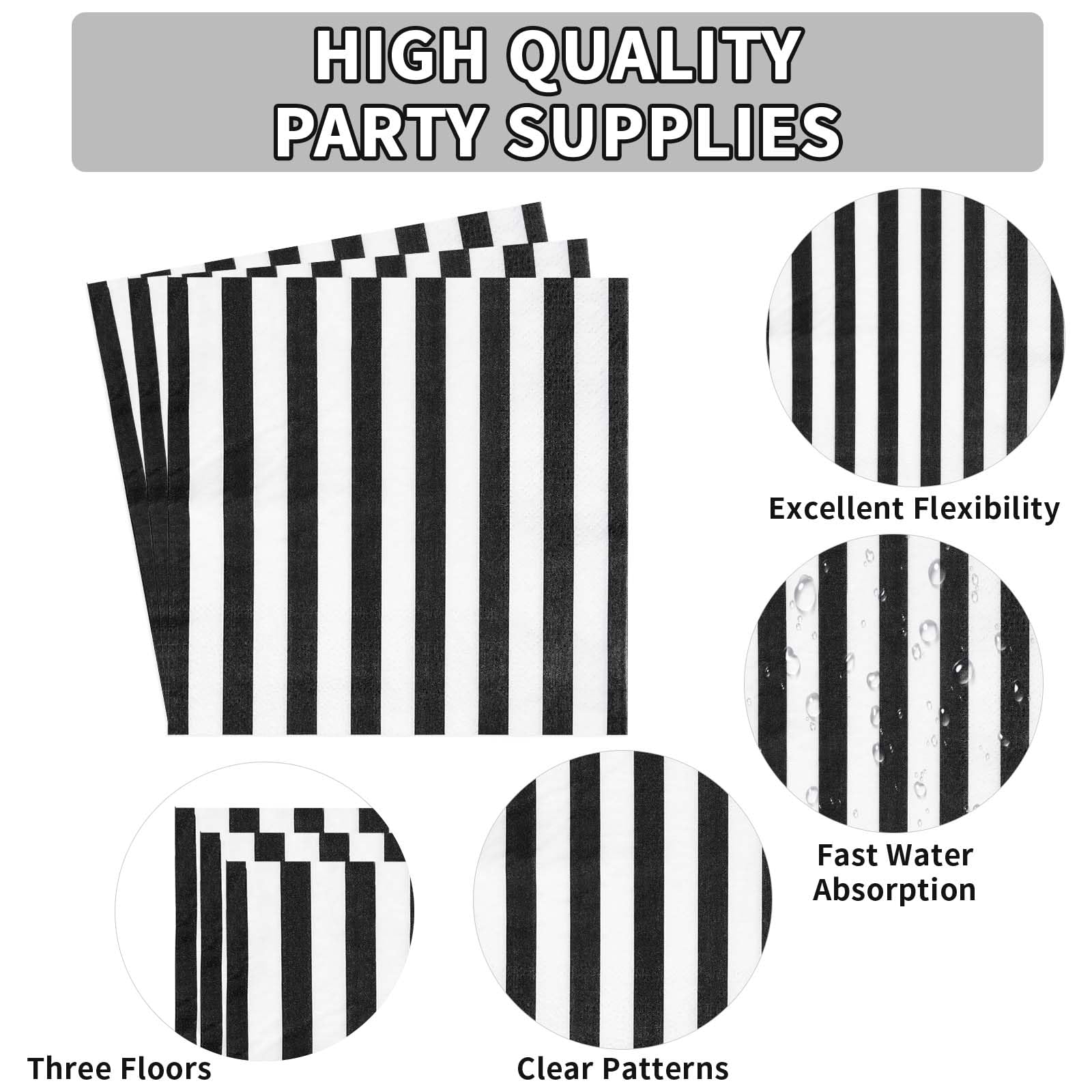96 Pcs Black and White Striped Party Plates and Napkins - Grencian