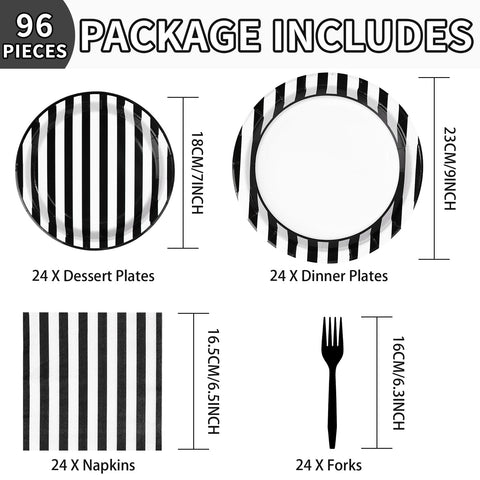 96 Pcs Black and White Striped Party Plates and Napkins - Grencian
